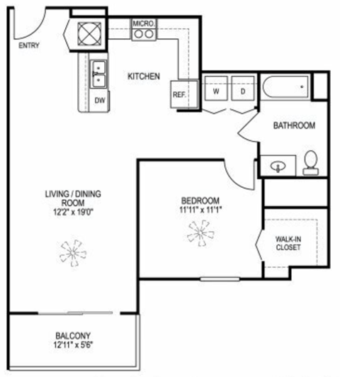 Floor plan for 1 bed, 1 bath, 686 sqft
